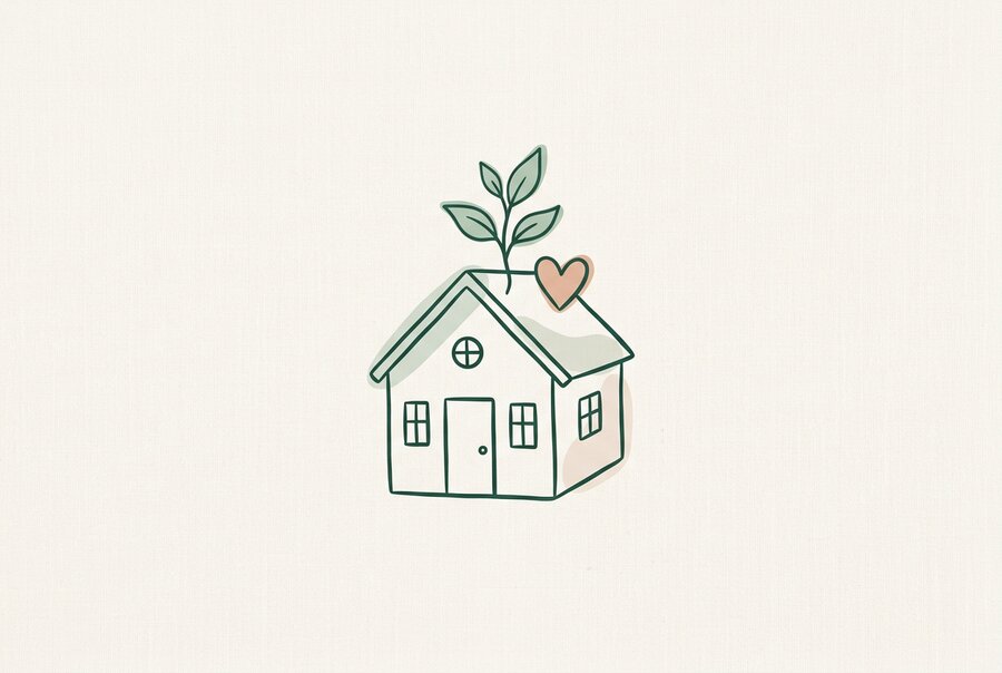 Ilustración de una casa con un brote y un corazón